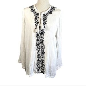 YASB White Gauze Long Sleeve Top, Black Embroidered Detailing